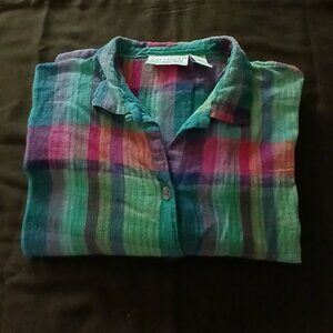 100% Cotton Gauzy, Lightweight Ocean Blues Short Sleeve Button Up Top Sz L